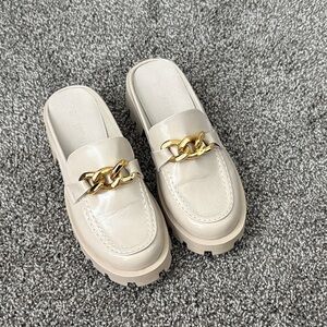 Cream Platform Mules with Gold Chain